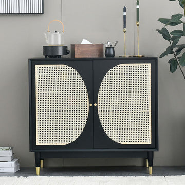 Black Rattan Accent Cabinet 2-Door Sideboard Buffet with Adjustable Shelves